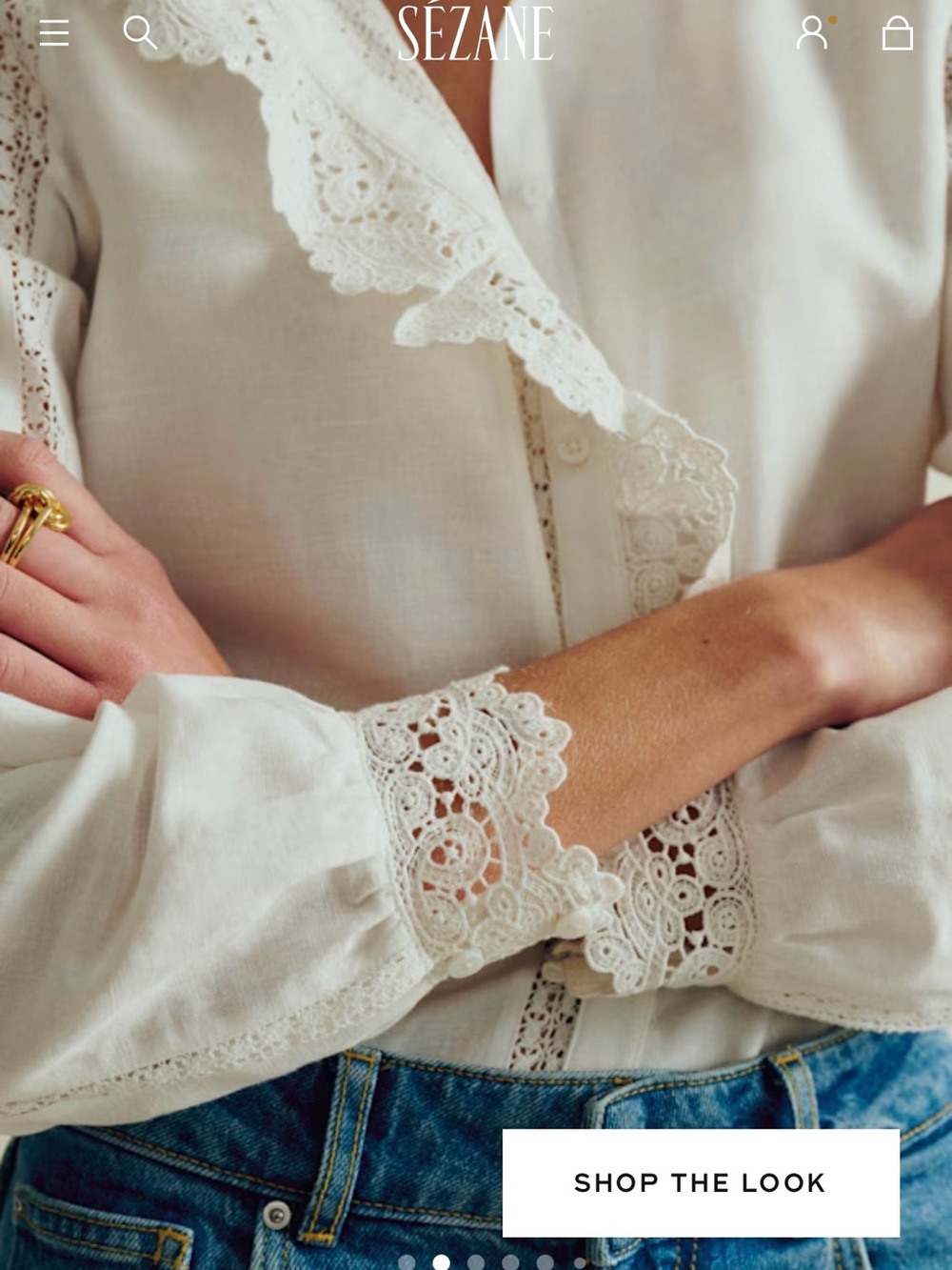 Sézane White Lace-Trim Button Down Blouse